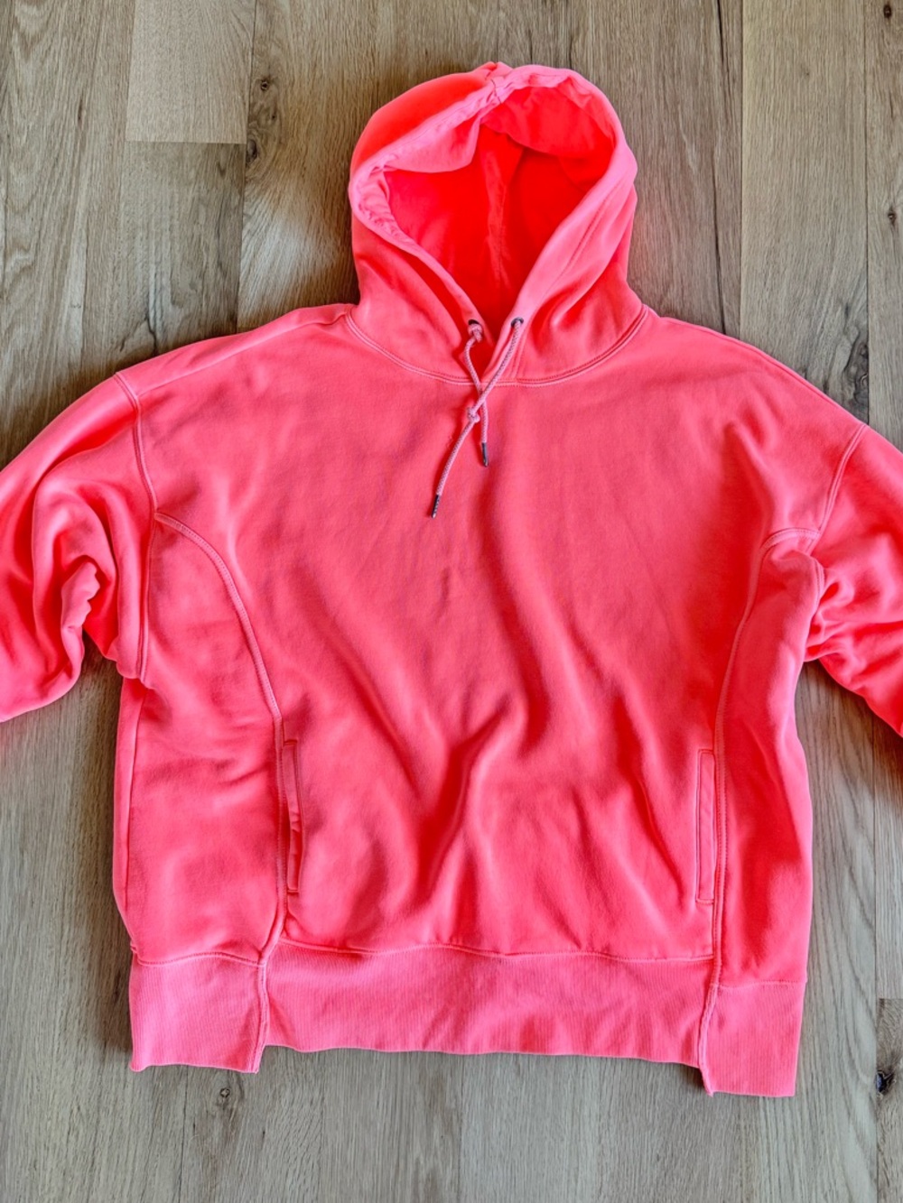 Free People Movement Neon Coral Hoodie Oversized Fleece Sweatshirt Size L - Picture 3 of 8
